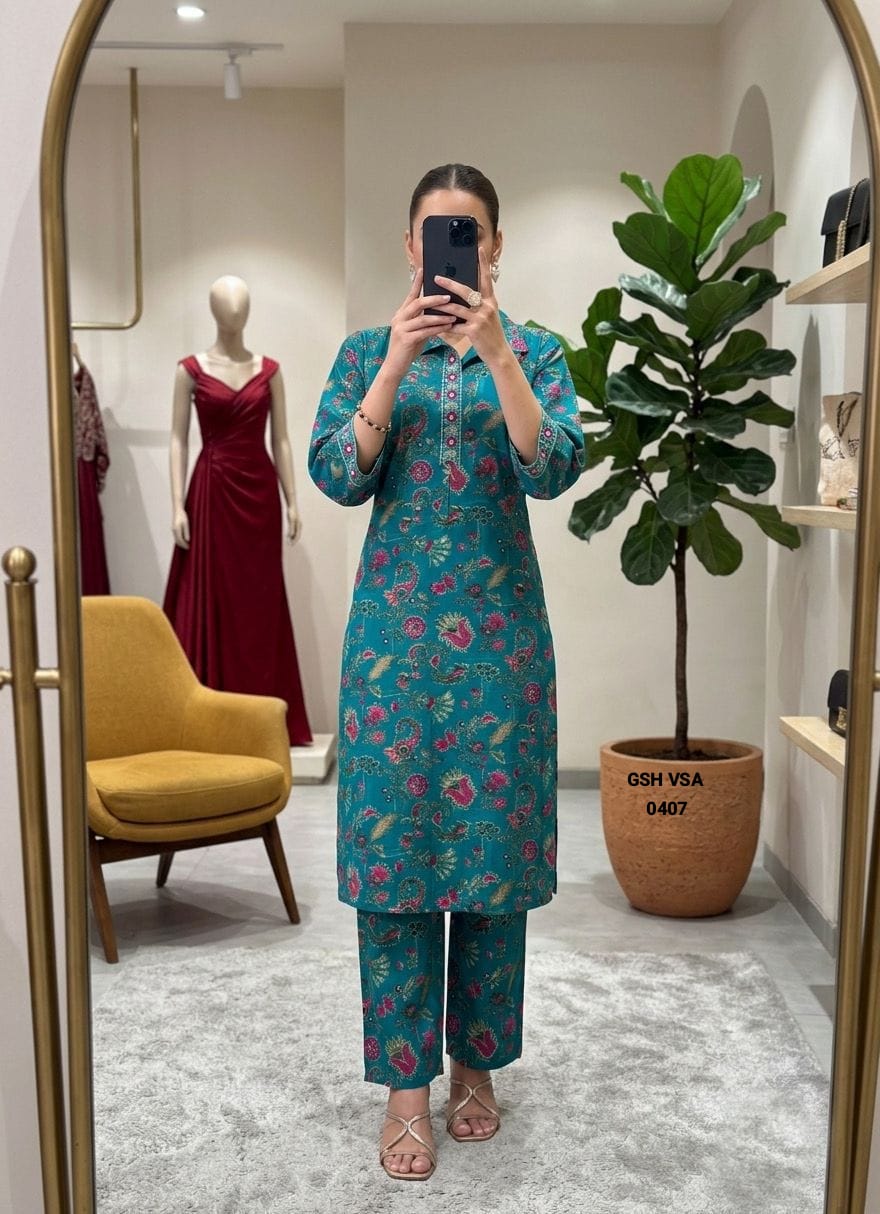 Teal Blue Floral Printed Cotton Straight Kurta Set